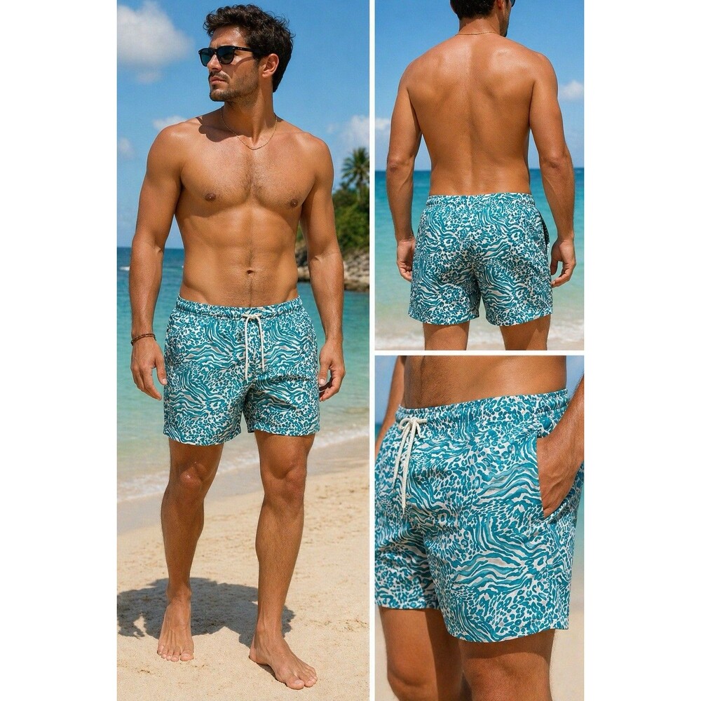 Mens CONSWIM Swim Trunks XL Blue White Animal Print Board Shorts Mesh Lined